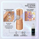 Diagram explaining Blond Plex Violet Developer 10 Volume’s dual-action formula: bond-building technology strengthens hair, while violet pigment technology boosts color. Cream developer appears in the product bottle at bottom right.