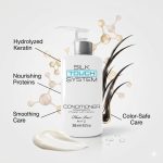 A bottle of Silk Touch System Conditioner featuring hydrolyzed keratin, nourishing proteins, smoothing and color-safe care, with product and ingredient graphics.
