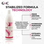 A bottle of G&C Cream Developer 30 Volume is shown, featuring labeled ingredients—water, hydrogen peroxide (9%), and cetearyl alcohol—and highlighting its stabilized formula technology.