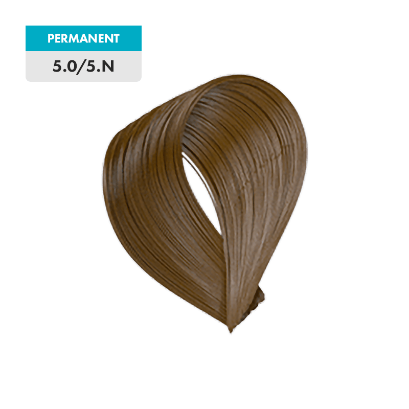 A swatch of "5.0 / 5.N - Light Natural Brown" hair dye is shown on a plain green background.