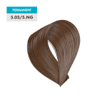 A swatch of 5.03 / 5.NG - Light Natural Golden Brown permanent hair color, showing its medium brown tone on a green background.