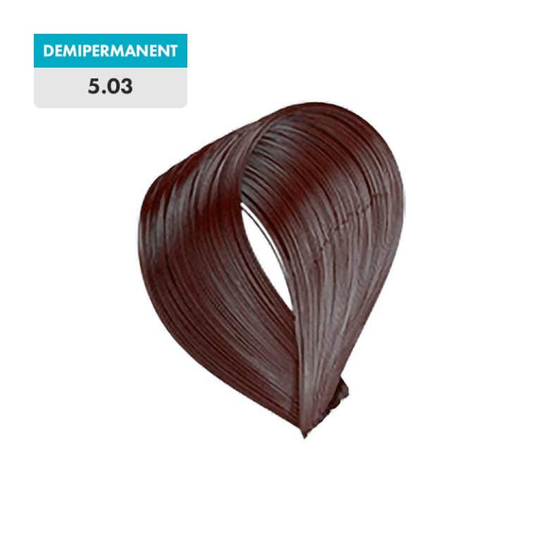 A hair color sample labeled "5.03 - Light Golden Brown (Demipermanent)" in a light golden brown shade, formed into a curved loop.