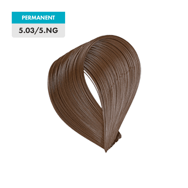 A swatch of 5.03 / 5.NG - Light Natural Golden Brown permanent hair color, showing its medium brown tone on a green background.