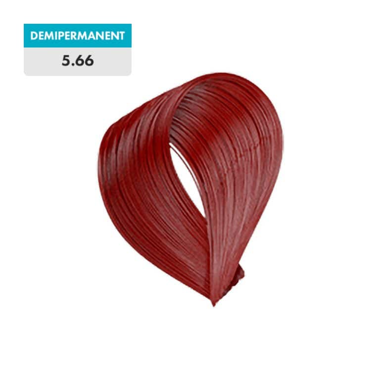A lock of hair colored with 5.66 - Intense Red Light Brown (Demipermanent) is deep red.