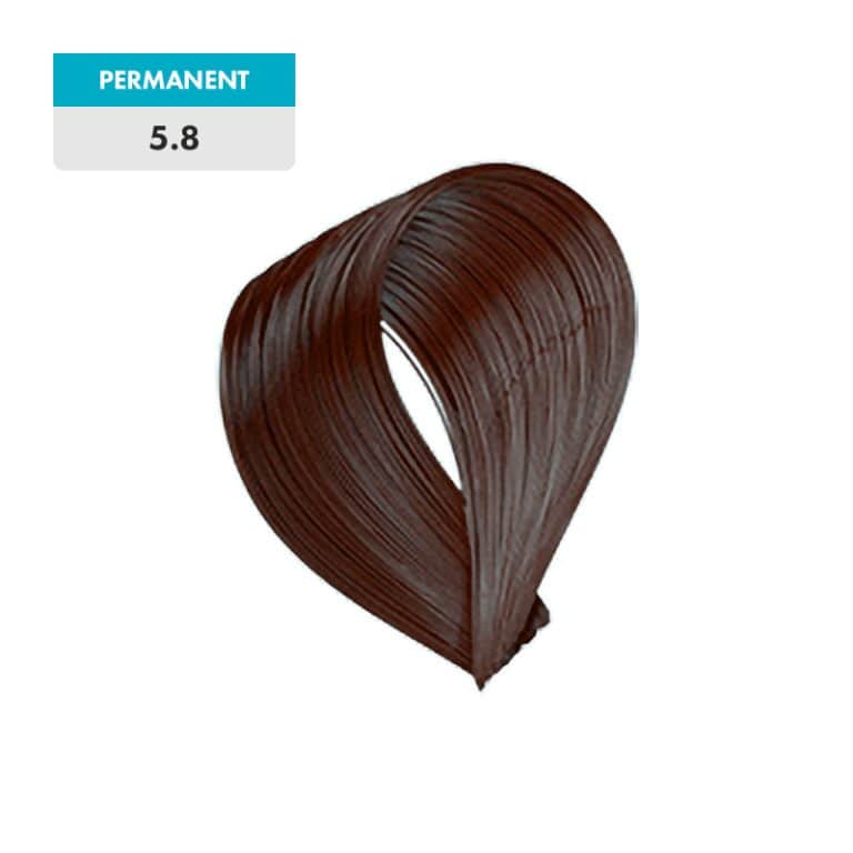 A swatch of permanent hair dye in shade "5.8 - Light Chocolate Brown" is displayed against a plain green background.