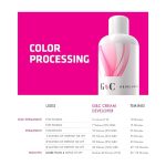 A bottle of G&C Cream Developer 40 Volume is displayed next to a chart outlining its uses and processing times for various hair color types on a pink background.