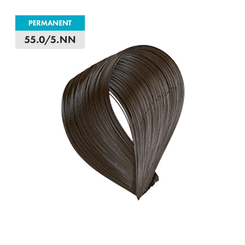 A hair color swatch labeled "PERMANENT 55.0/5.NN - Light Natural Blonde Intense" featuring a loop of light natural blonde intense hair against a transparent background.