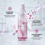 A bottle of G&C Cream Developer 10 Volume is shown with overlays highlighting its stabilized formula, rich cream consistency, and hair integrity support.