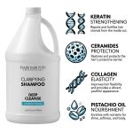 A gallon of Clarifying Shampoo with icons and text highlighting the benefits of keratin, ceramides, collagen, and pistachio oil for healthy hair.