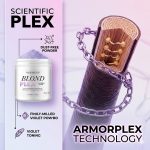 Blond Plex Violet Lightener Powder is displayed beside a graphic of a hair strand wrapped in a chain, highlighting its ARMORPLEX technology for hair protection.