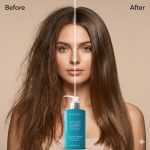 Split-screen image of a woman with frizzy hair on the left labeled "Before" and smooth, straight hair on the right labeled "After," with a bottle of Ultimate Repair System Styling Cream in the center.