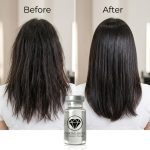 Side-by-side comparison of hair before and after Diamond Botox Hair Repair Treatment (Ampule): frizzy hair on the left, smooth and shiny on the right, with a product ampule displayed below.