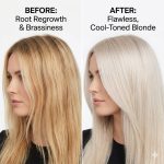 Side-by-side comparison of a woman's hair before with dark roots and brassiness, and after using Perfect Blond Blue Lightener Powder for even, cool-toned blonde results.