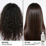 Side-by-side comparison of hair before and after using Blowout Express Keratin; the left side shows frizzy, textured hair, while the right displays smooth, straight hair with a product bottle at the bottom right.