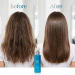 Side-by-side comparison of hair before and after using Ultimate Repair System Serum: the left shows frizzy hair, while the right displays smooth, straight hair with the Ultimate Repair System Serum bottle below.