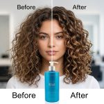 A woman’s hair is pictured before and after using Ultimate Repair System Curl Cream—left side frizzy and undefined, right side smooth with shiny, defined curls. A bottle of Ultimate Repair System Curl Cream is centered below.