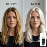 Side-by-side comparison of a woman with medium blond hair before and platinum blond after using Blond Plex Violet Developer 40 Volume, with the product bottle shown in the corner.