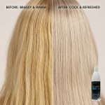 Split image shows hair before and after using Blond Plex Violet Developer 10 Volume; left side is brassy and warm, while the right is cool and refreshed. The product bottle appears in the bottom right corner.