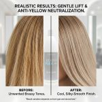 Side-by-side comparison of hair before and after treatment: left shows brassy tones, right has a smooth, cool blonde. The Blond Plex Violet Developer 20 Volume bottle is centered between the two images.