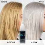 Side-by-side comparison of hair before and after using Blond Plex Violet Developer 30 Volume; hair shifts from yellow-blonde to silver-blonde. The Blond Plex Violet Developer 30 Volume bottle appears in the center.