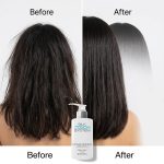 Split image shows a back view of hair before and after using Silk Touch System Conditioner: left side appears frizzy and dry, while right side looks smooth and shiny. Silk Touch System Conditioner bottle is displayed at the bottom center.