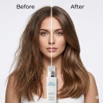 A split image displays a woman with frizzy hair labeled "Before" on the left and smooth, shiny hair labeled "After" on the right, featuring a Silk Touch System Serum bottle at the center.