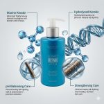 A blue Ultimate Repair System Shampoo bottle is shown with graphics highlighting marine keratin, hydrolyzed keratin, pH-balancing care, and strengthening benefits.