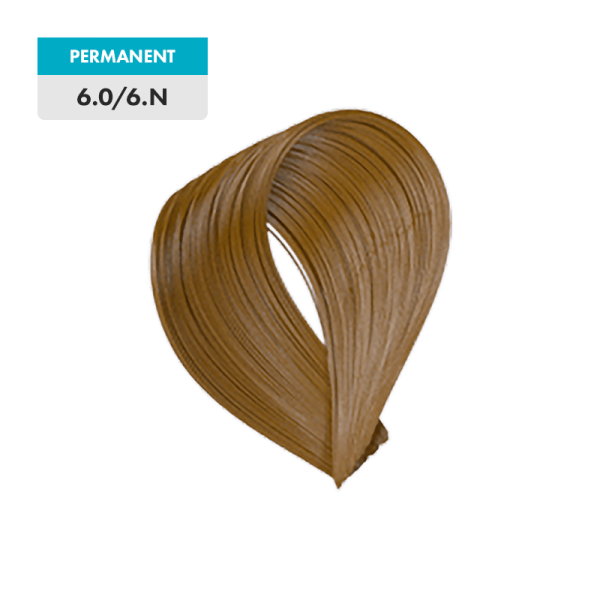 A sample of 6.0 / 6.N - Dark Natural Blonde permanent hair dye is shown against a green background.
