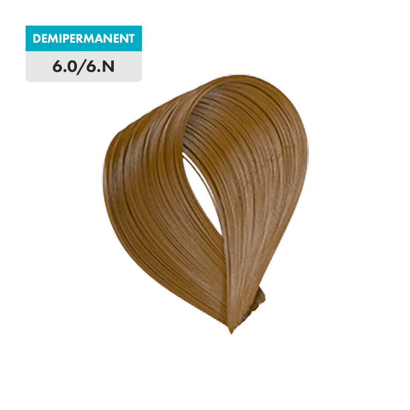 A swatch of 6.0 - Dark Blonde (Demipermanent) hair color appears against a green background.