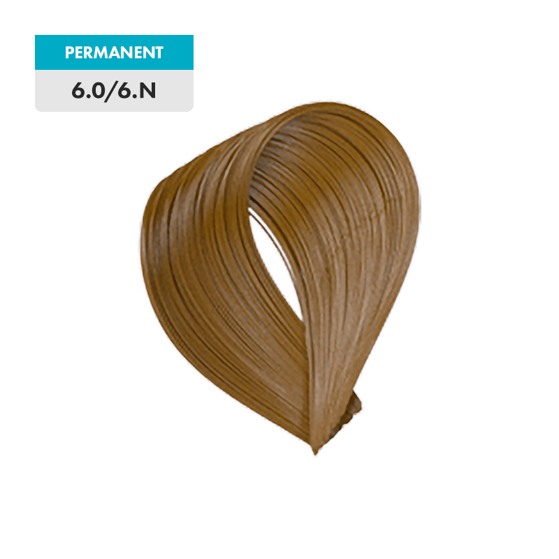 A sample of 6.0 / 6.N - Dark Natural Blonde permanent hair dye is shown against a green background.