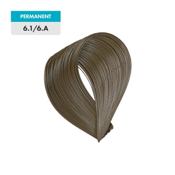 A swatch of 6.1 / 6.A - Dark Blonde Ash permanent hair color, shown in a brownish-ash shade, is displayed against a plain green background.