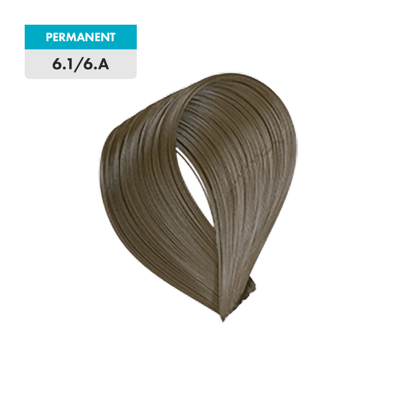 A swatch of 6.1 / 6.A - Dark Blonde Ash permanent hair color, shown in a brownish-ash shade, is displayed against a plain green background.