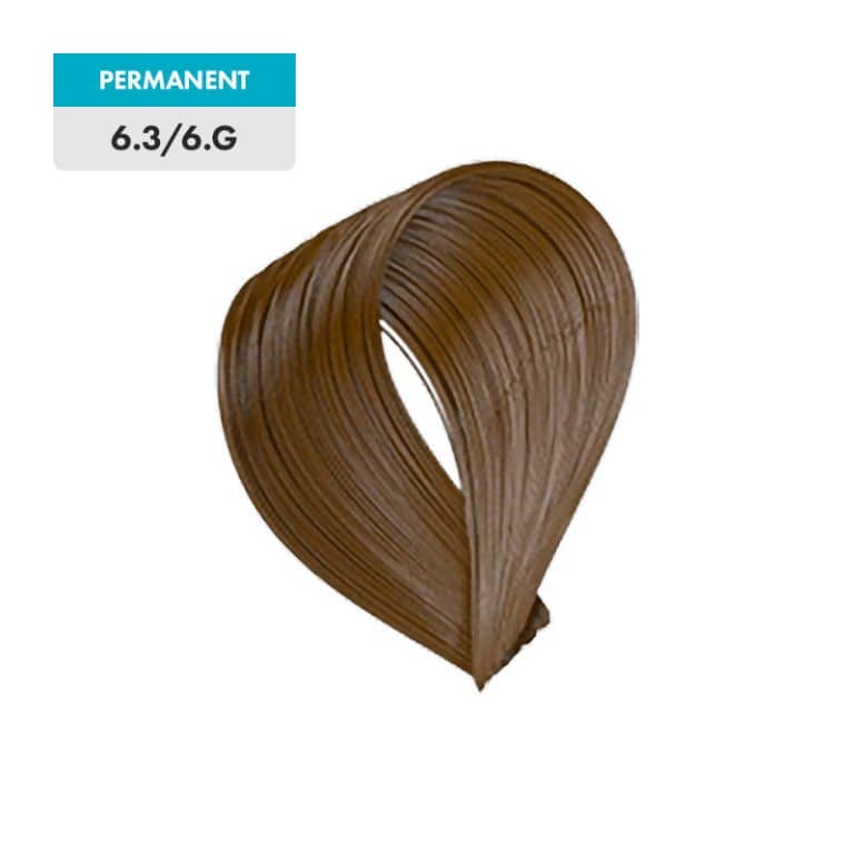 A sample of 6.3 / 6.G - Dark Golden Blonde permanent hair color is shown as a brown swatch looped in a teardrop shape.