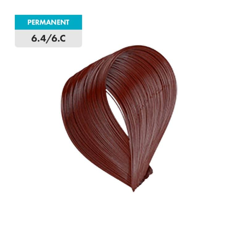 A sample of 6.4 / 6.C - Dark Natural Copper Brown permanent hair color is shown as a swatch of straight, shiny medium brown hair.