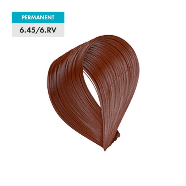 A lock of hair in the "6.45 / 6.RV - Copper Mahogany Dark Blonde" shade, a rich brown-red labeled as PERMANENT.