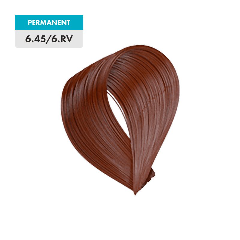 A lock of hair in the "6.45 / 6.RV - Copper Mahogany Dark Blonde" shade, a rich brown-red labeled as PERMANENT.