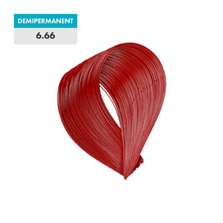A swatch of 6.66 - Intense Red Dark Blonde (Demipermanent) hair color is displayed against a green background.