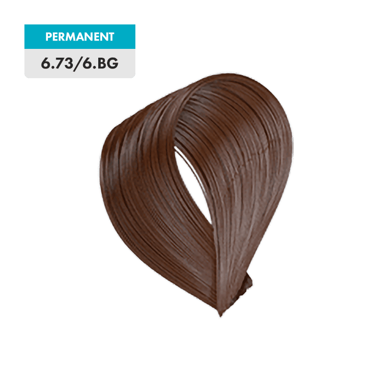 A swatch of brown hair color labeled "PERMANENT" with the shade 6.73 / 6.BG - Dark Brown Gold Blonde is shown in a blue and white box.
