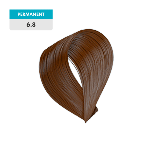 A swatch of brown hair dye labeled "6.8 - Dark Blonde Chocolate" against a green background.