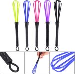 The Color Dye Mixer set features five silicone whisks in yellow, blue, pink, purple, and black displayed upright; below are close-ups of the handle loop, grip, and whisk wires.