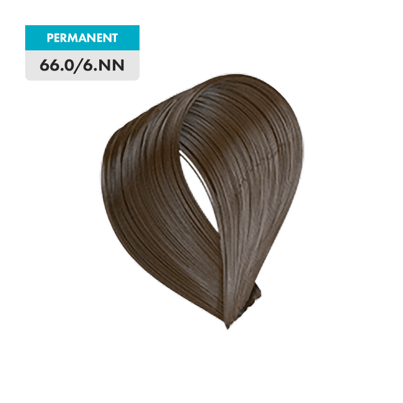 A permanent hair color swatch labeled 66.0/6.NN - Dark Natural Blonde Intense, shown on a green background.
