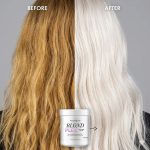 Split image shows hair before and after using Blond Plex Violet Lightener Powder: left side is brassy blonde, right side is platinum blonde. A container labeled "Blond Plex Violet Lightener Powder" appears at the bottom center.