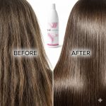Side-by-side comparison of hair before and after using G&C Cream Developer 20 Volume; left shows frizzy, dull hair, right reveals smooth, shiny results. A bottle of G&C Cream Developer 20 Volume is displayed in the center background.