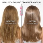 Side-by-side comparison of hair before and after using G&C Cream Developer 5 Volume: left shows brassy, dull hair; right reveals toned, silky hair. The bottle of G&C Cream Developer 5 Volume is displayed above.