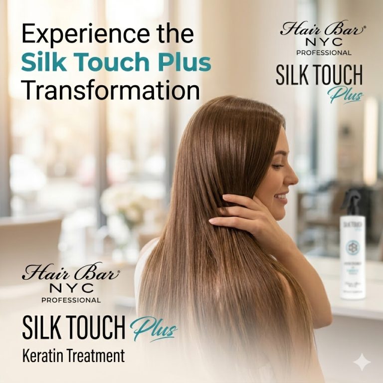 A woman with long, smooth hair runs her fingers through it in a salon, highlighting the shine and softness from using Silk Touch Plus Keratin.