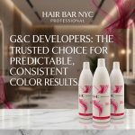 Four bottles of G&C Cream Developer 30 Volume are displayed on a marble counter in a modern salon, highlighting predictable, consistent color results.