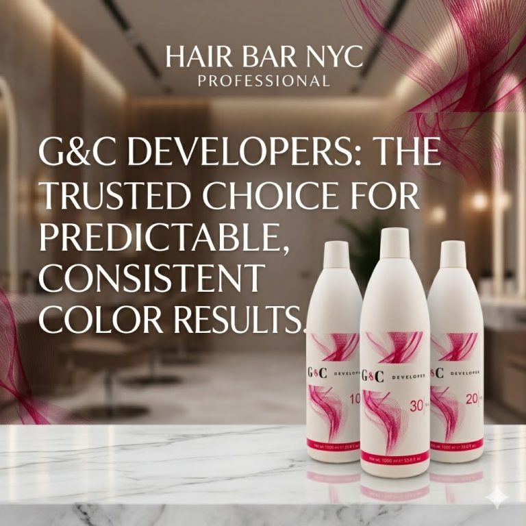 Four bottles of G&C Cream Developer 30 Volume are displayed on a marble counter in a modern salon, highlighting predictable, consistent color results.