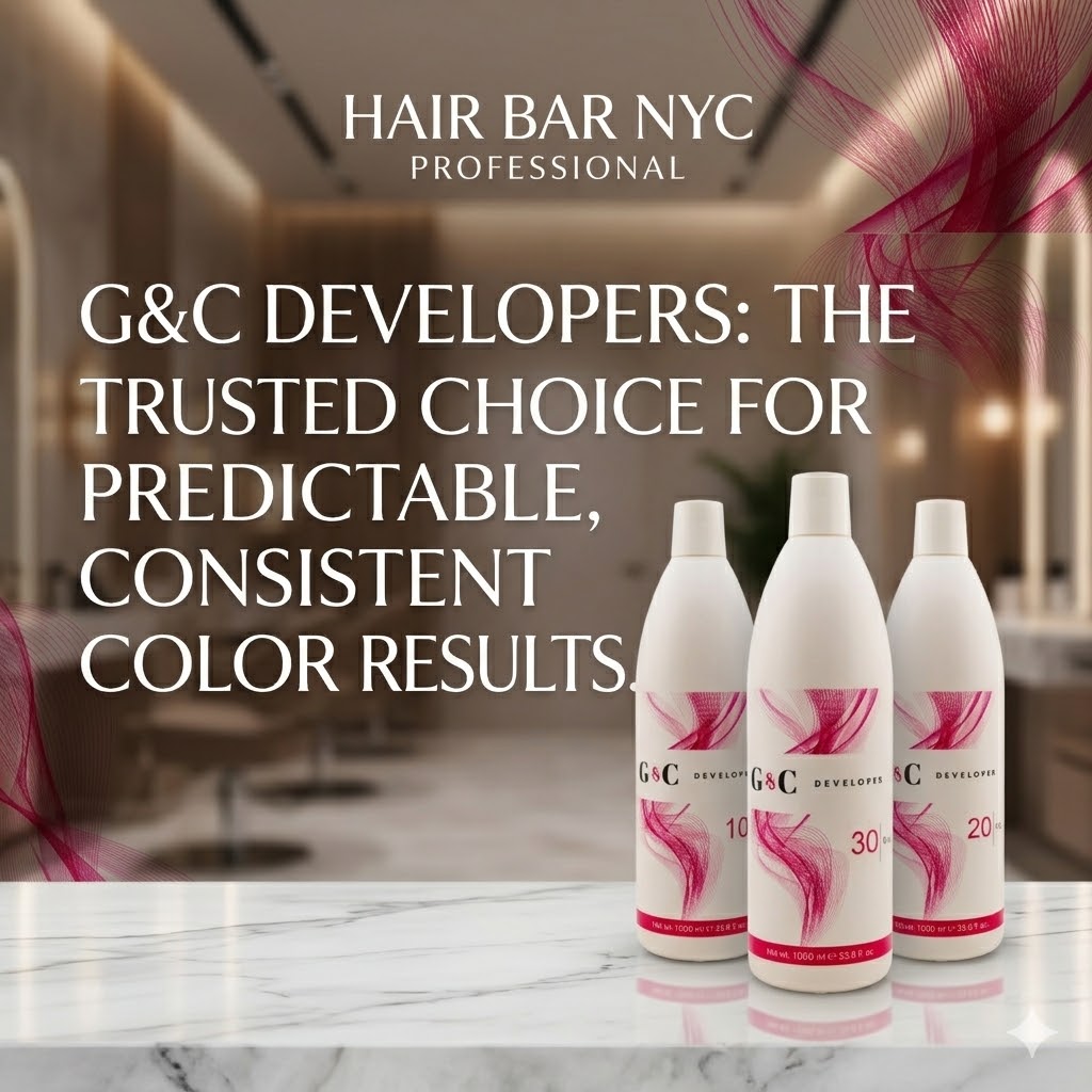 Four bottles of G&C Cream Developer 30 Volume are displayed on a marble counter in a modern salon, highlighting predictable, consistent color results.