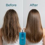 Before and after comparison: left side shows frizzy, messy hair, right side shows smooth, straight hair. The bottle of Ultimate Repair System Shampoo is centered, emphasizing the transformation.