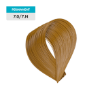 A swatch of 7.0 / 7.N - Medium Natural Blonde permanent hair color is displayed against a green background.